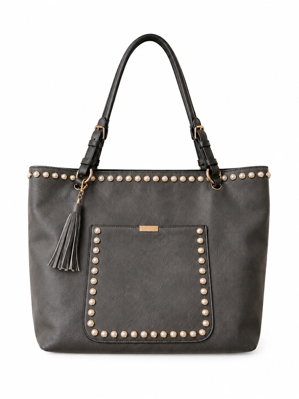 Yoki Dark Gray Studded Tote with Tassel and Pearls